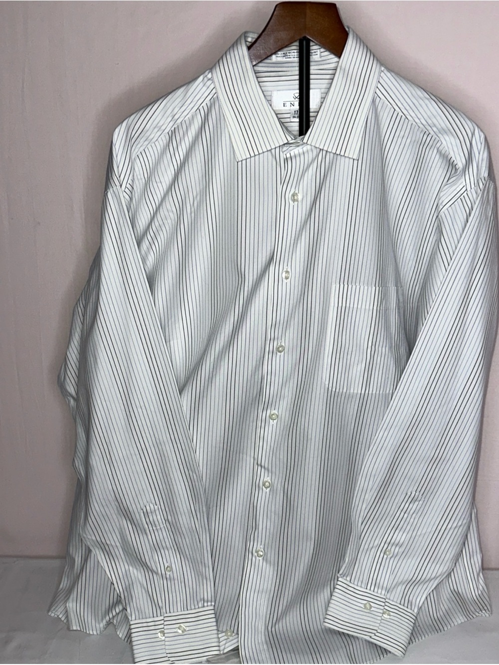 Men's White Dress Shirt with Thin Black Stripes - Classic Point-Collar